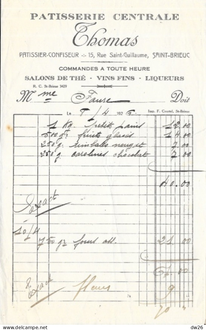 Facture 14x21 - Pâtisserie Centrale Thomas (Pâtissier-Confiseur) - Saint-Brieuc (Côtes-du-Nord) 1926 - Alimentos