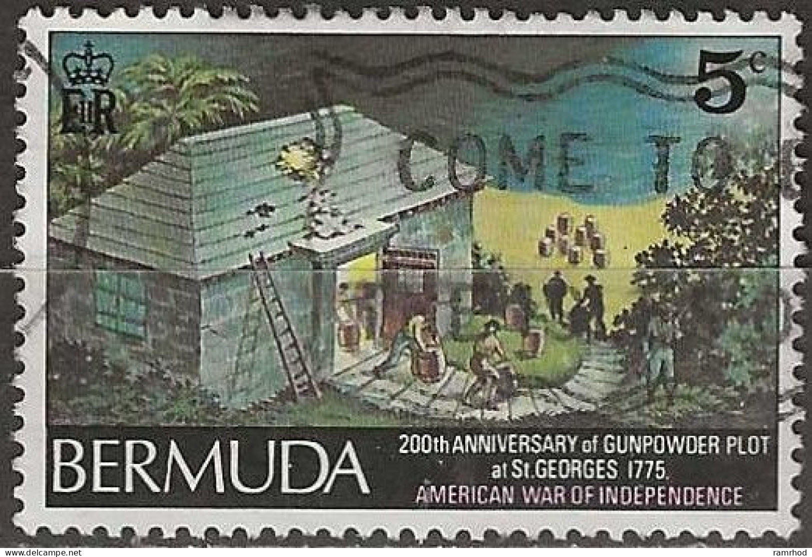 BERMUDA 1975 Bicentenary Of Gunpowder Plot, St George's - 5c - Supporters Of American Army Raiding Royal Magazine FU - Bermuda
