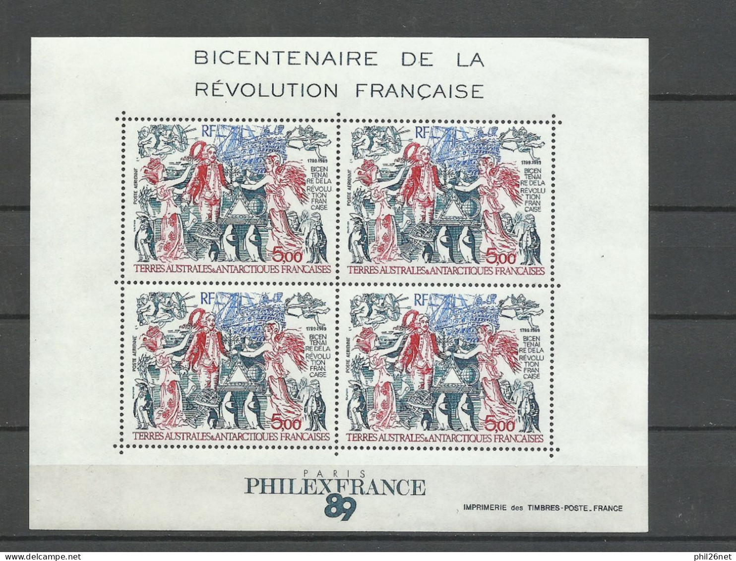 TAAF  Bloc  N° 1   Philexfrance  1989   Révolution Française     Neufs   * *   B/TB Voir Scans  Soldé à La Faciale ! ! ! - Hojas Bloque