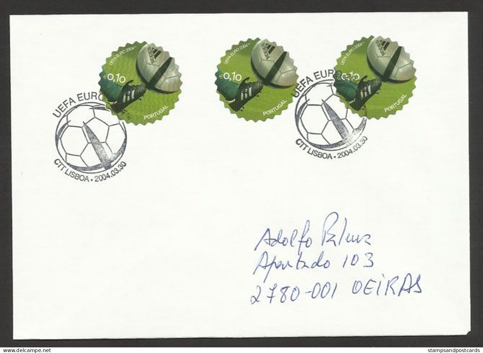 Portugal FDC Voyagé Football EURO 2004 Timbres Circulaires Autocollant Balle Adidas Soccer Round Stamps Ball Used FDC - Championnat D'Europe (UEFA)