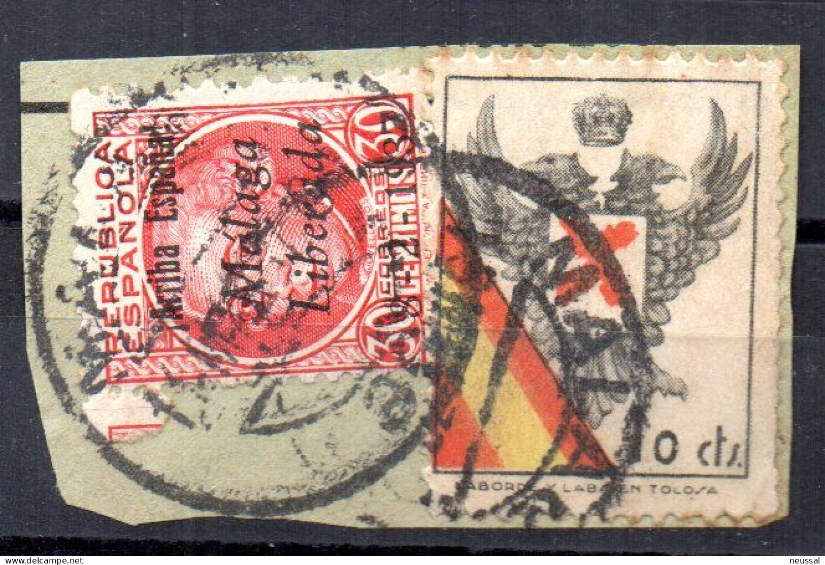 Fragmento  Con Viñetas Y Patriotico Malaga.- - Spanish Civil War Labels