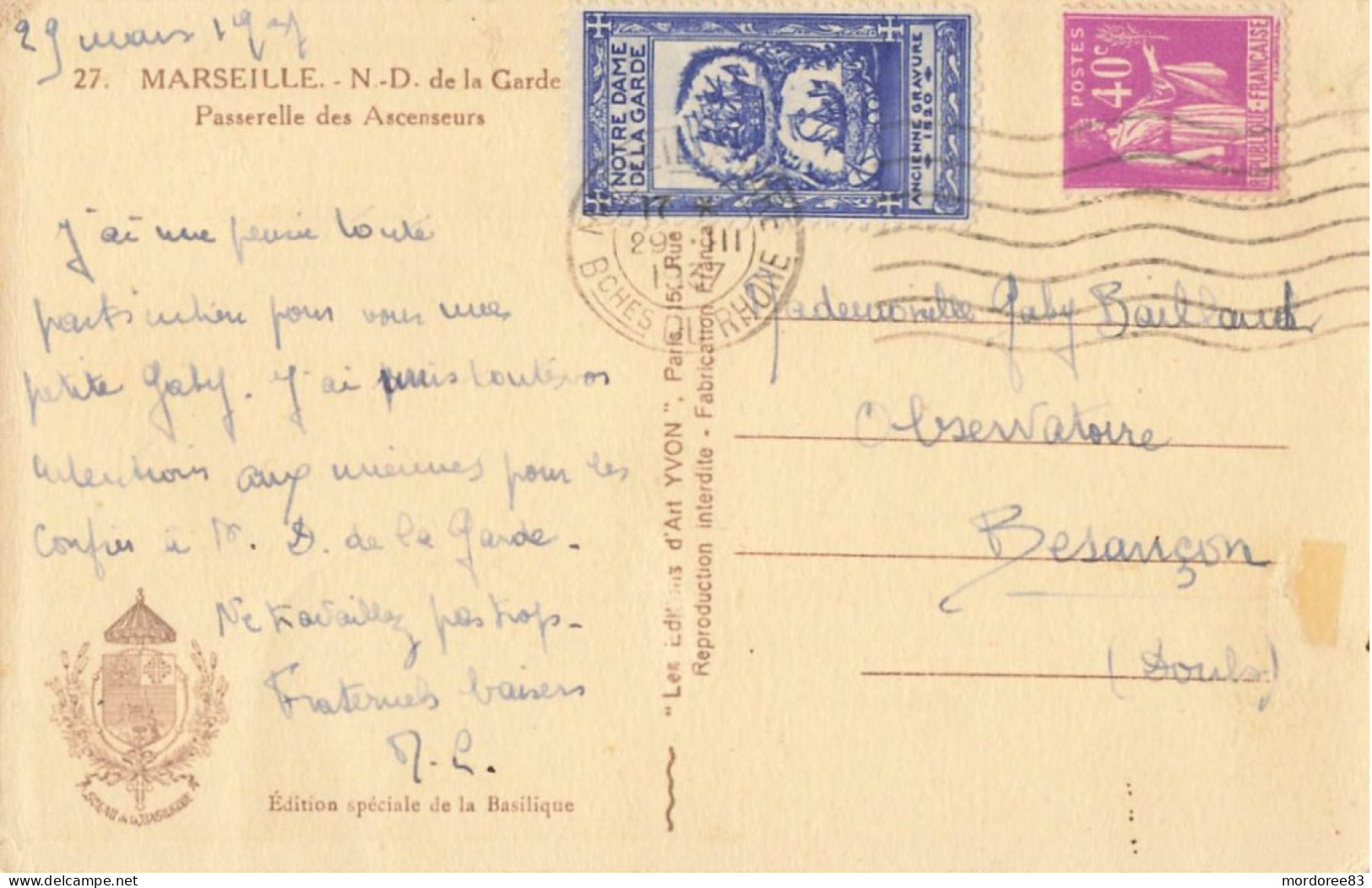 VIGNETTE NOTRE DAME DE LA GARDE MARSEILLE SUR CPA 1937 - Cartas & Documentos