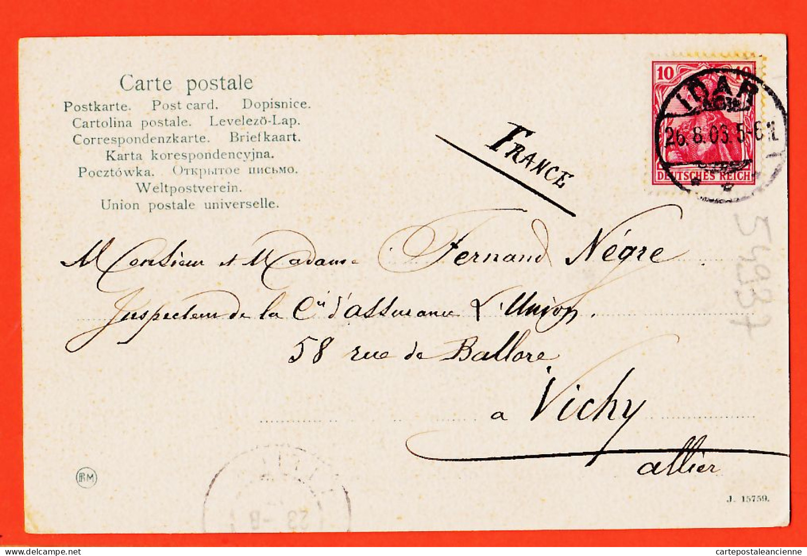 28878 / ⭐ Gruss Aus OBERSTEIN 1903 DESSEIGNE à Fernand NEGRE Inspecteur Assurance Union Vichy Ph M J 15759 N° 5073 - Idar Oberstein