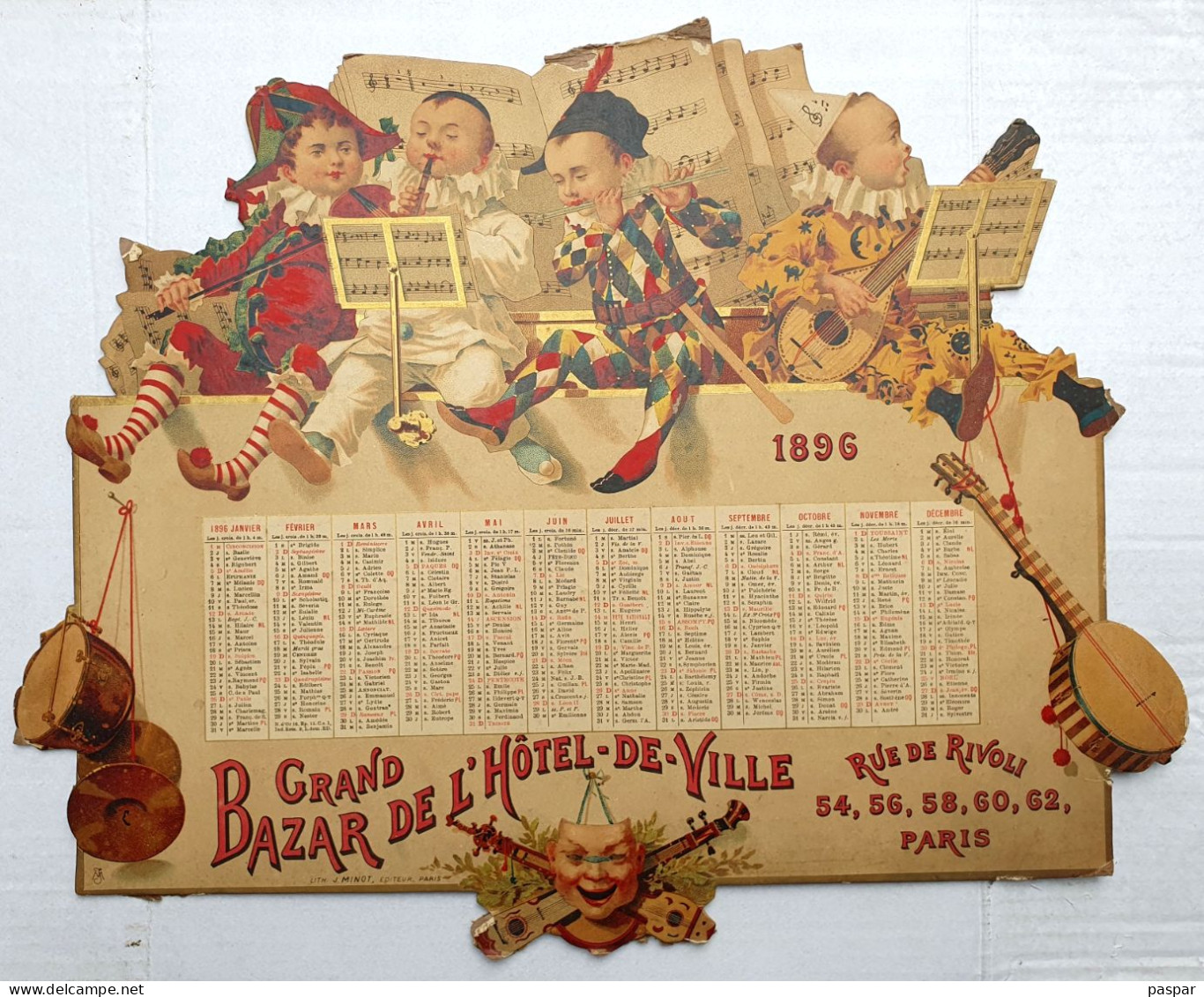 Grand Calendrier Original 1896 Grand Bazar De L'Hotel De Ville - Arlequin Pierrot - Carton épais 43x34 Cm - Big : ...-1900