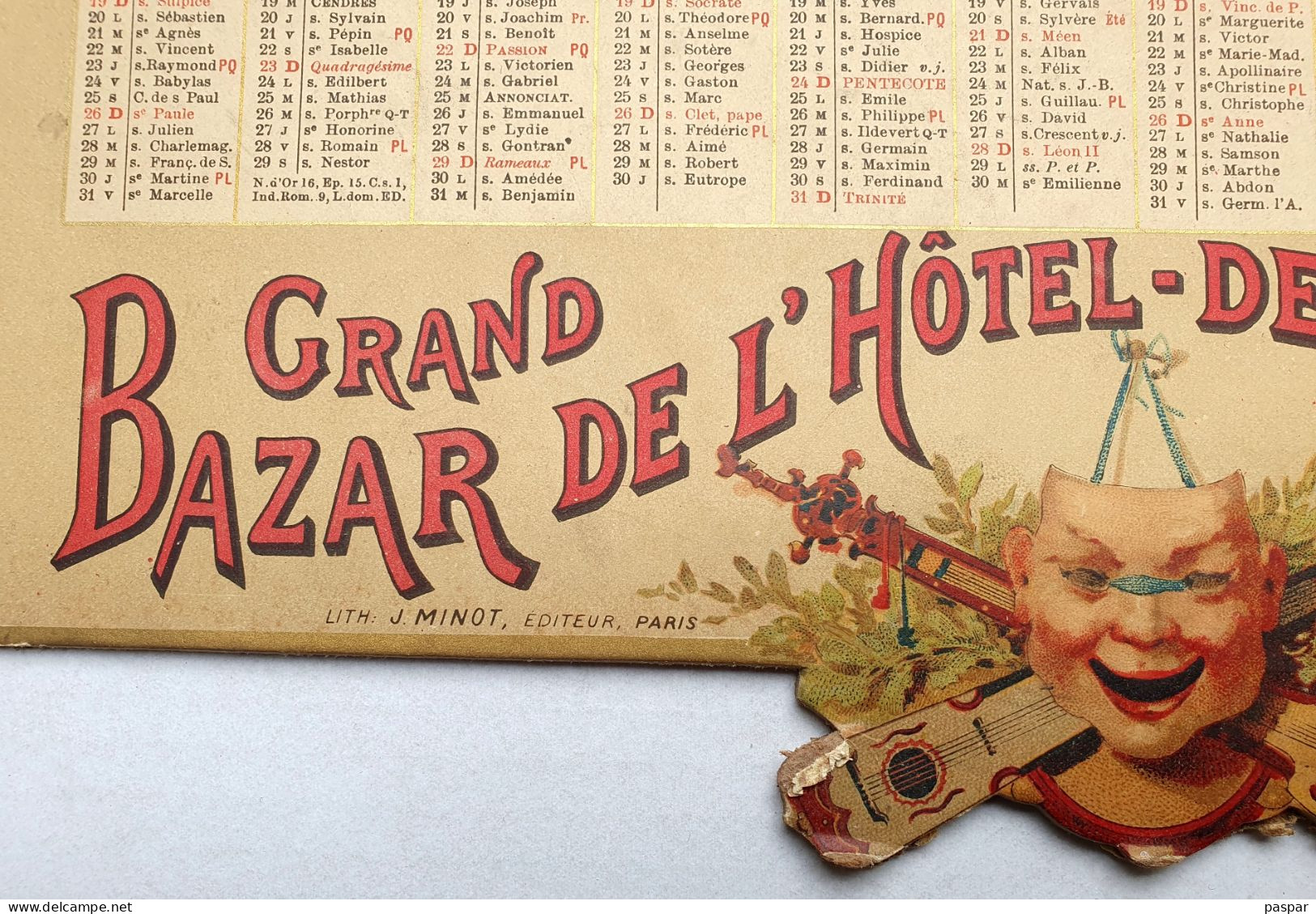 Grand Calendrier Original 1896 Grand Bazar De L'Hotel De Ville - Arlequin Pierrot - Carton épais 43x34 Cm - Grossformat : ...-1900