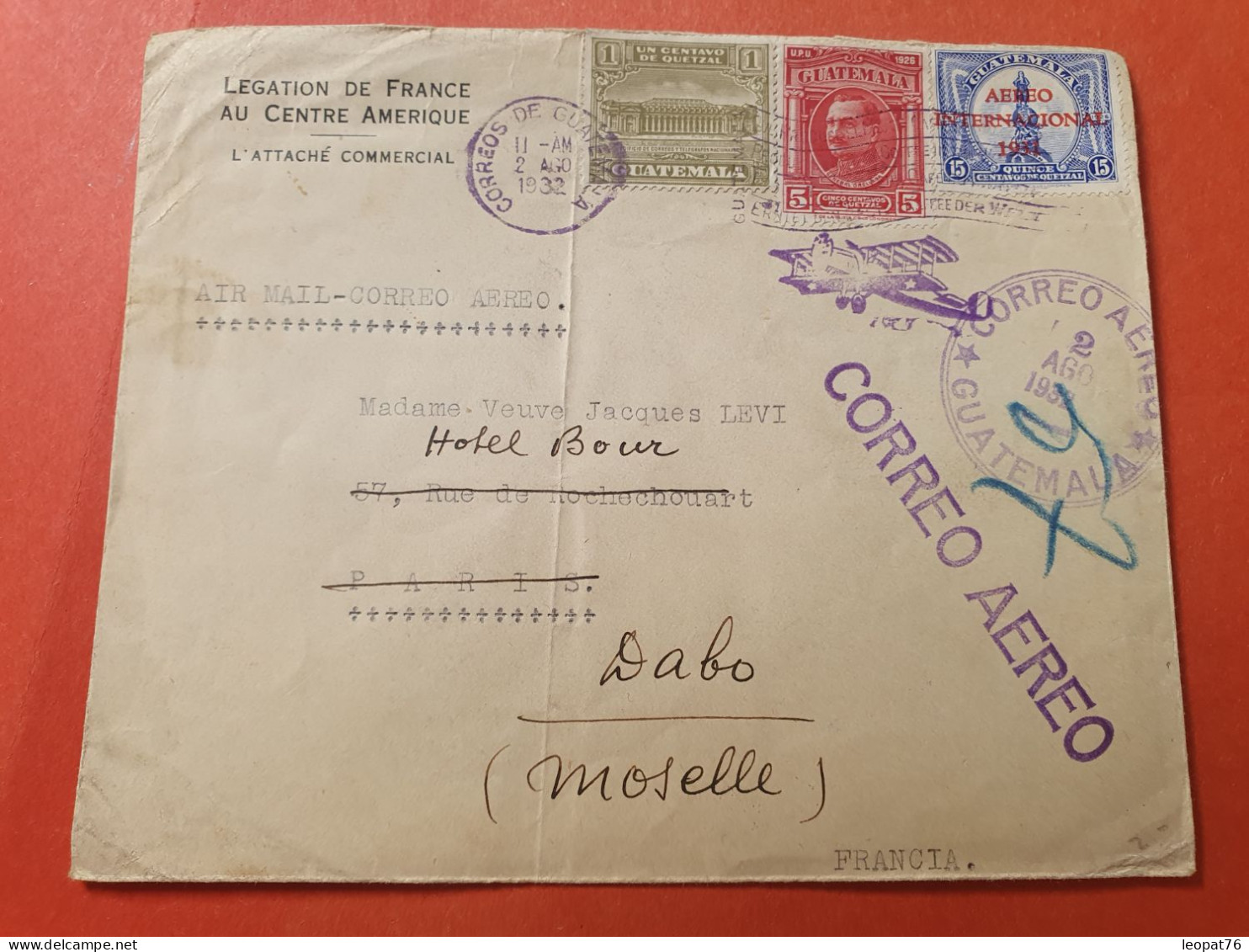 Guatemala - Enveloppe ( Pli Central ) De La Légation De France Pour La France En 1932 Par Avion - Ref 3408 - Guatemala