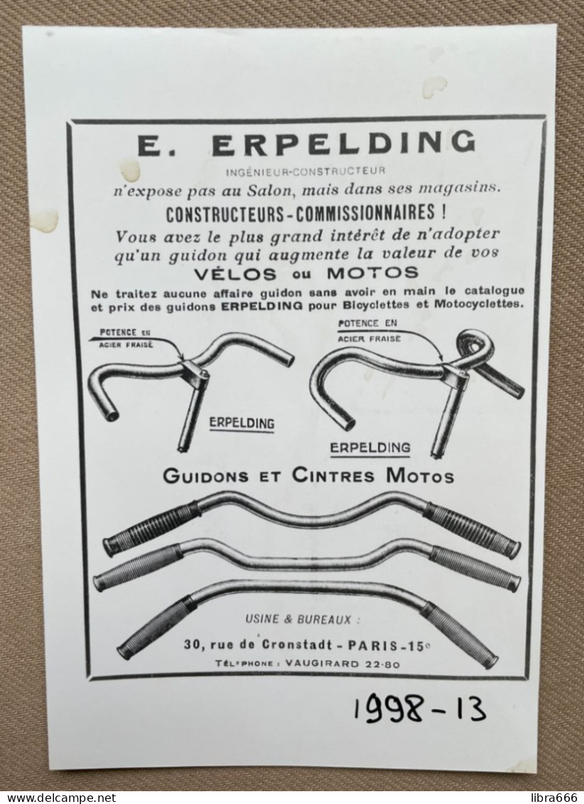 E. ERPELDING, Paris - Accessoires Cycles - 15x10 Cm (REPRO PHOTO! Zie Beschrijving, Voir Description, See Description)! - Ciclismo