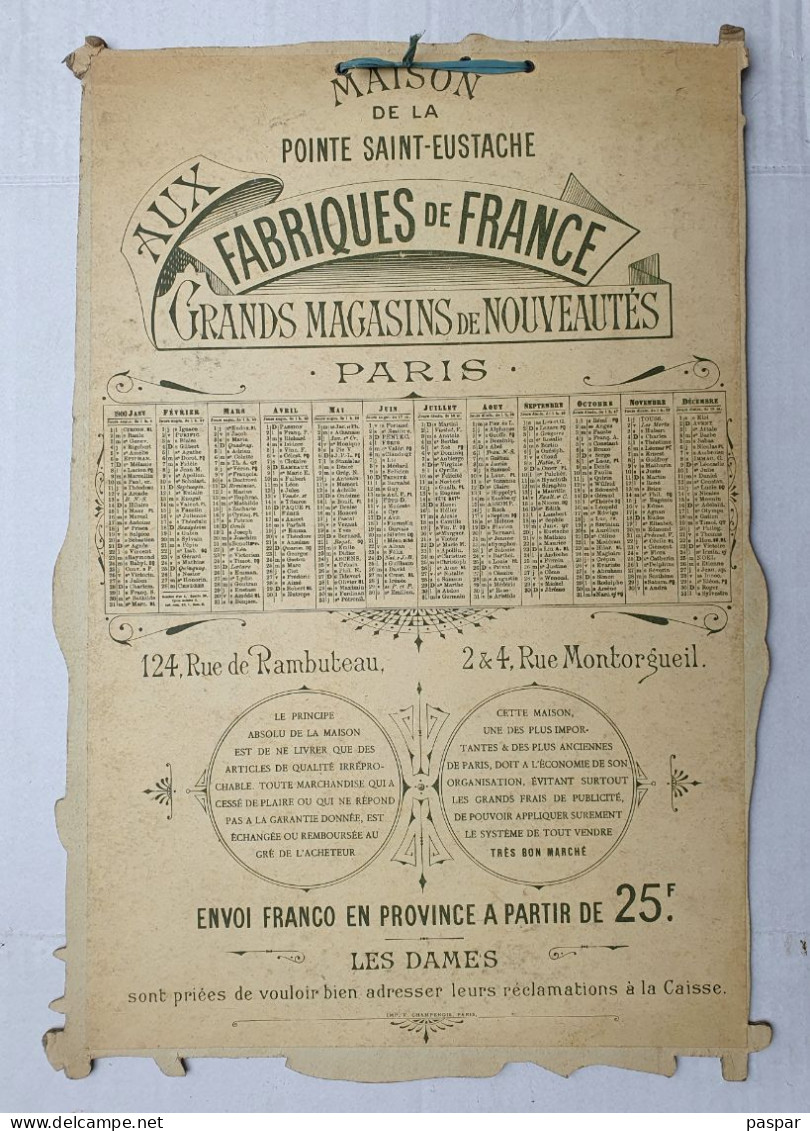 Grand Calendrier Original 1900 Aux Fabriques De France - Maison De La Pointe Saint Eustache - Coup De Vent - 42x24cm - Tamaño Grande : ...-1900