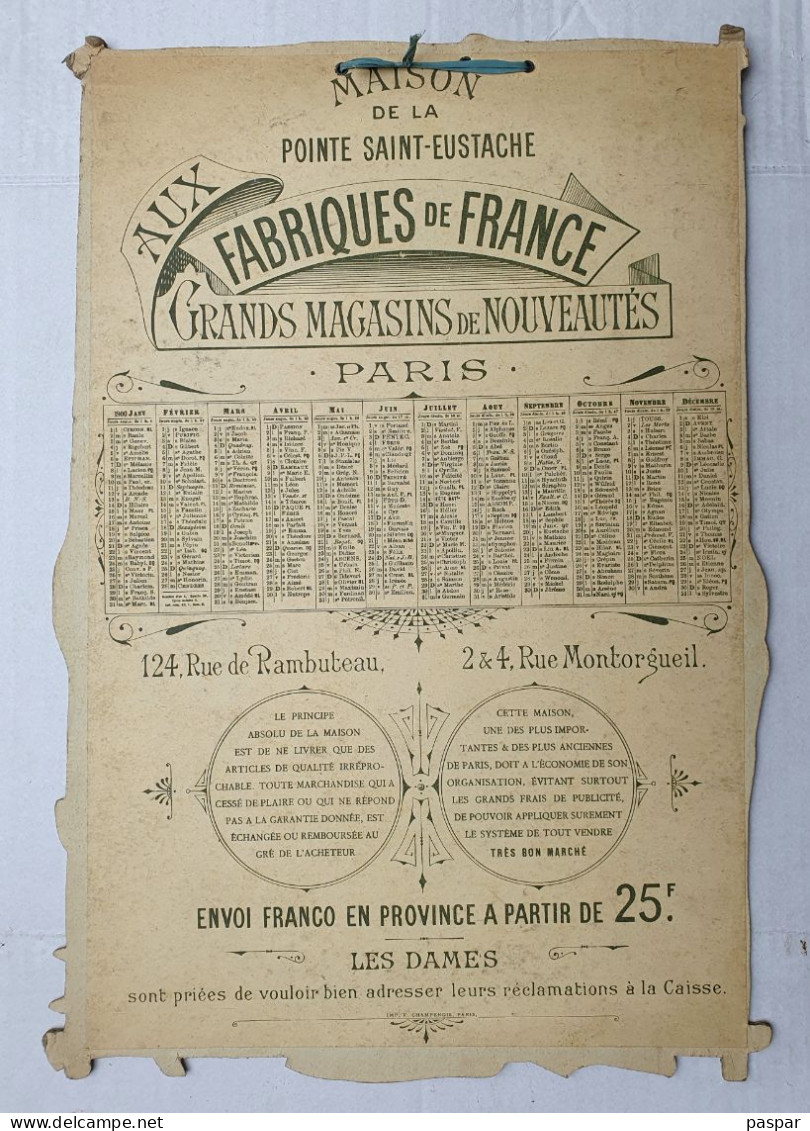 Grand Calendrier Original 1900 Aux Fabriques De France - Maison De La Pointe Saint Eustache - Coup De Vent - 42x24cm - Grossformat : ...-1900