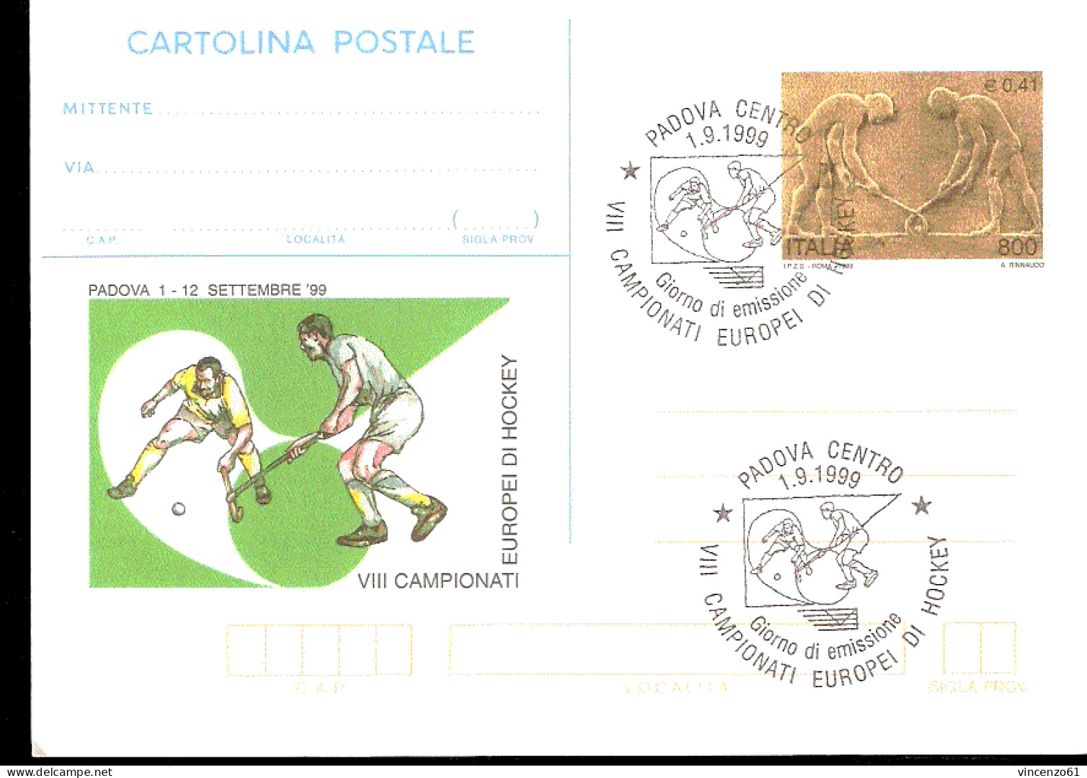 Cartolina Postale Con Annullo FDC Campionati  Europei Hockey Prato Padova 1999 - Hockey (Field)