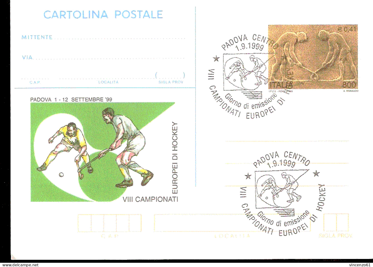 Cartolina Postale Con Annullo FDC Campionati  Europei Hockey Prato Padova 1999 - Hockey (Veld)