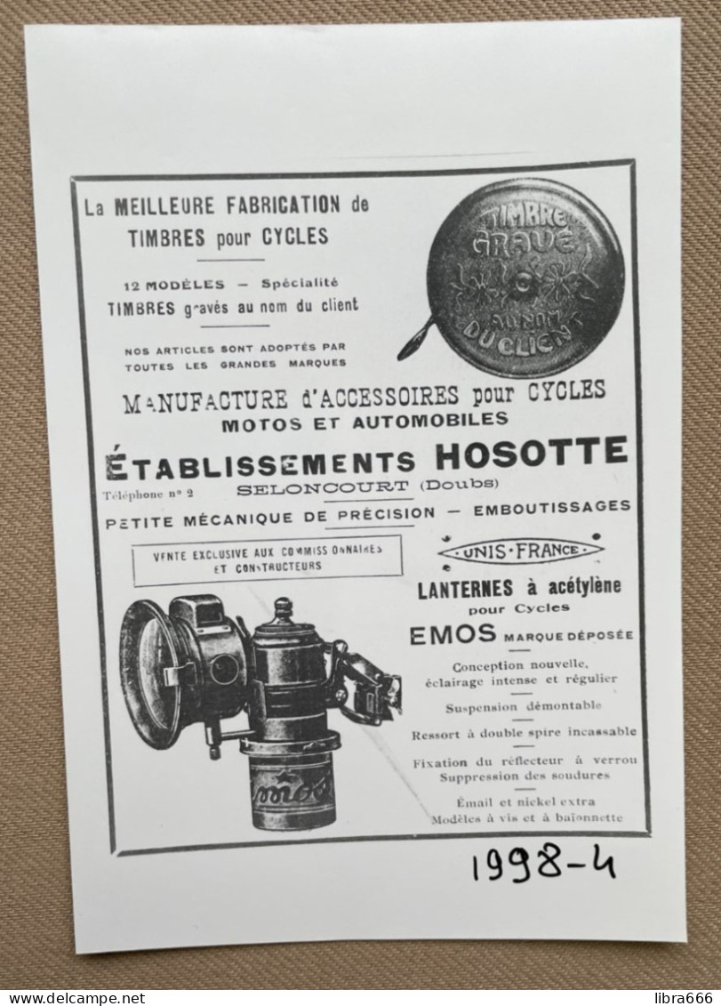 HOSOTTE, Seloncourt - Accessoires Cycles - 15x10 Cm (REPRO PHOTO ! Zie Beschrijving, Voir Description, See Description)! - Ciclismo