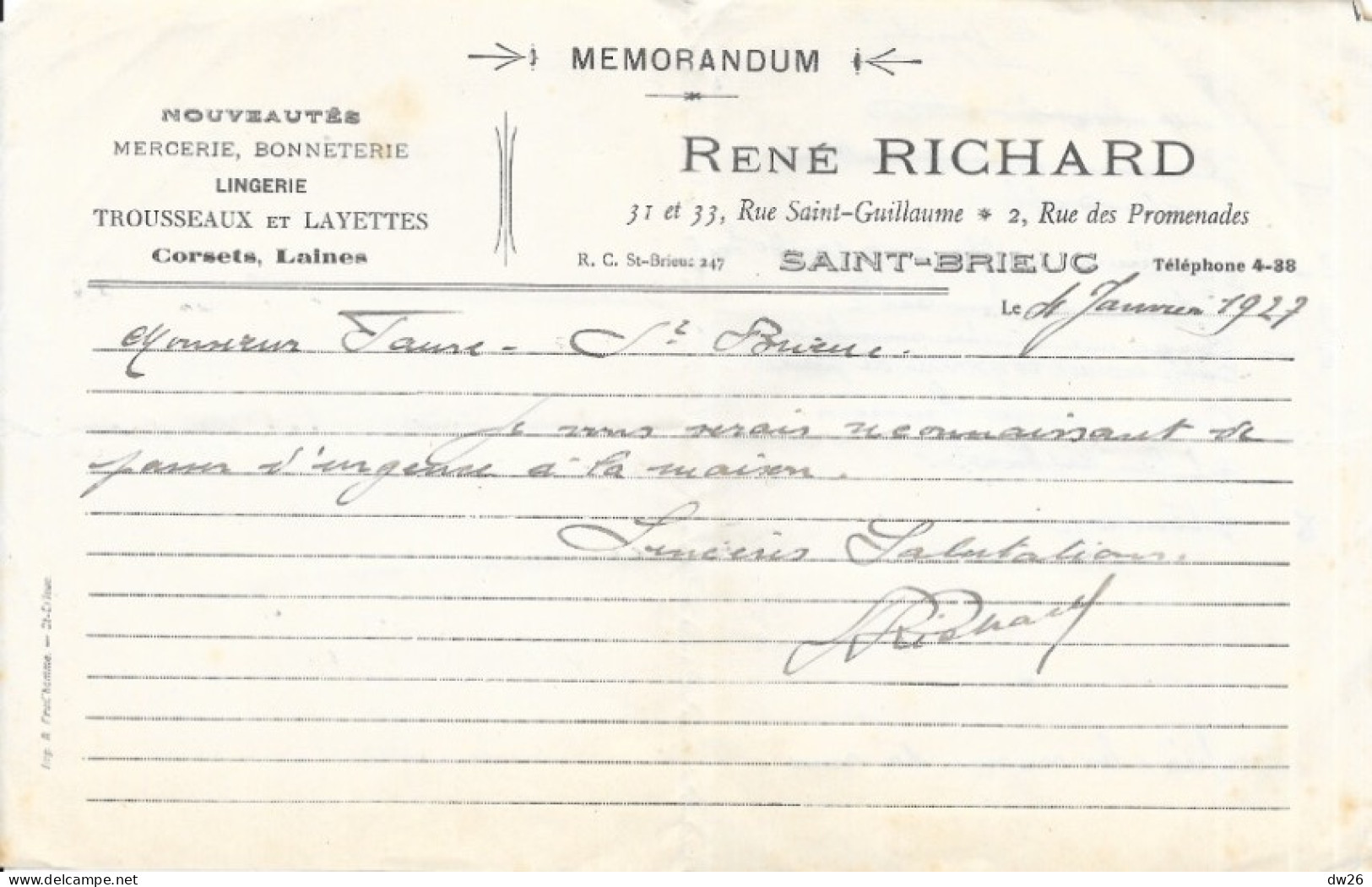Facture 14x21 - Nouveautés, Mercerie, Bonneterie René Richard - Saint-Brieuc (Côtes-du-Nord) 1927 - Kleidung & Textil