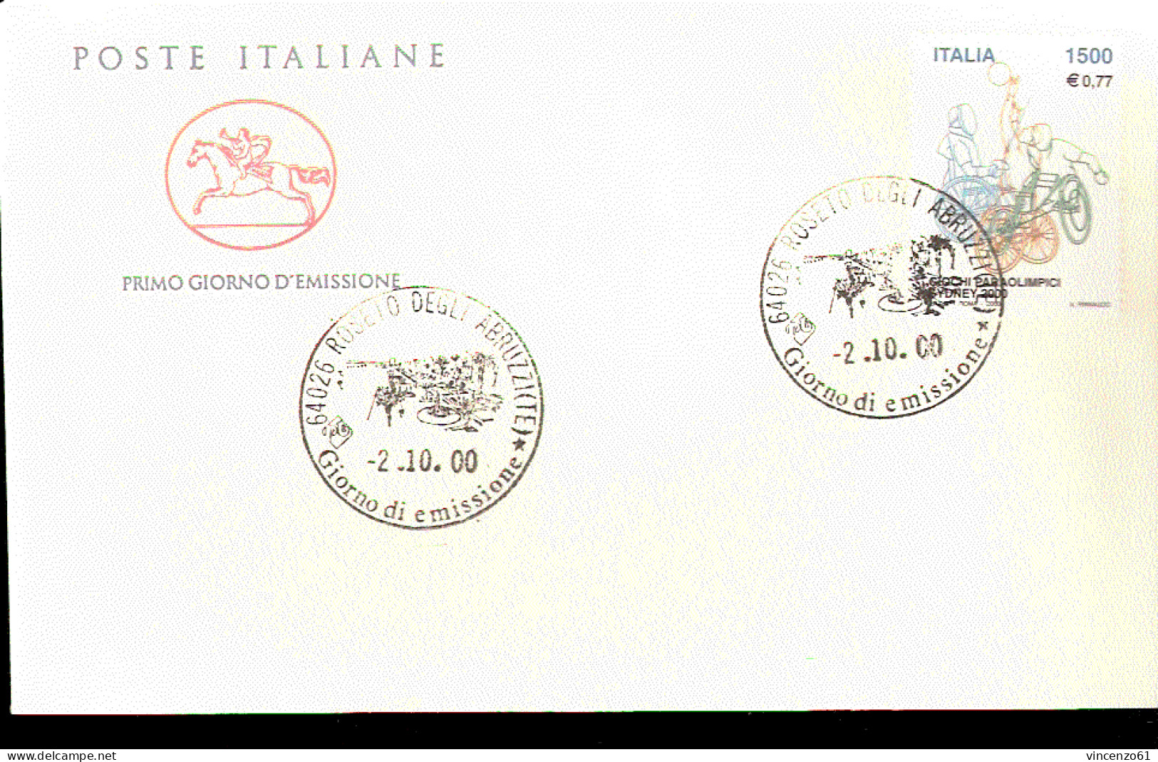 2000 ANNULLO FDC  Lo Sport Italiano. Sydney 2000. Giochi Paraolimpici. Sydney. - Sport Voor Mindervaliden