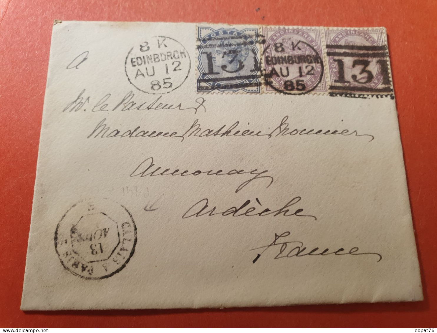 GB - Enveloppe De Edinburgh Pour La France En 1885 - Ref 3417 - Brieven En Documenten