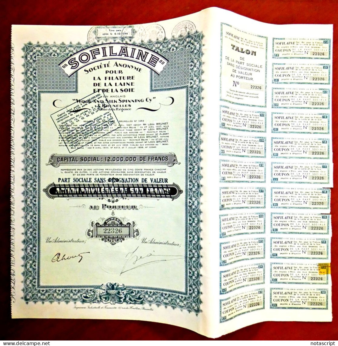 Sofilaine  ,wool & Silk Spinning 1938 Belgium Share Certificate - Tessili