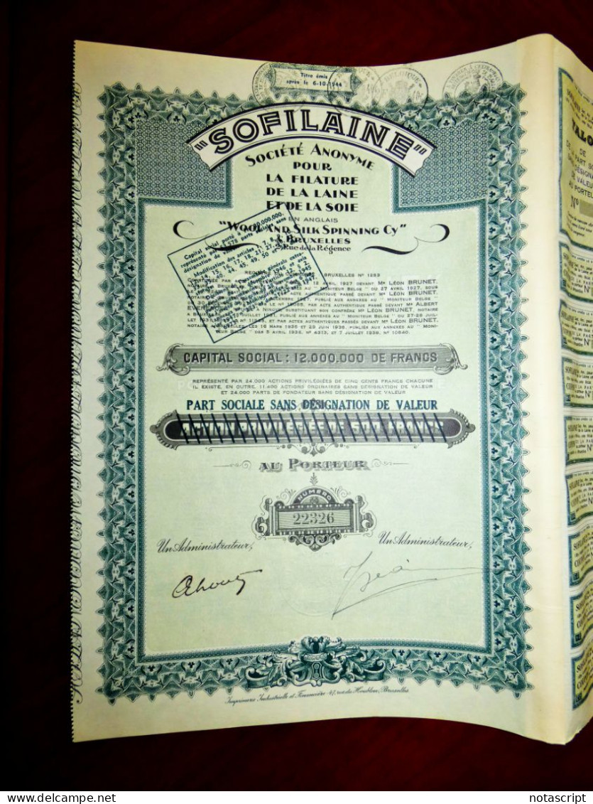 Sofilaine  ,wool & Silk Spinning 1938 Belgium Share Certificate - Tessili