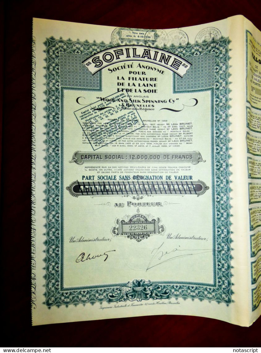 Sofilaine  ,wool & Silk Spinning 1938 Belgium Share Certificate - Textile