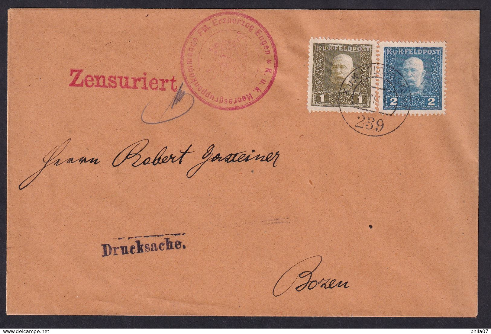 AUSTRIA - Military Mail No. 239. Printed Matter Sent To Bozen (Bolzano) 08.11. 1914. Censored / 2 Scans - Autres & Non Classés