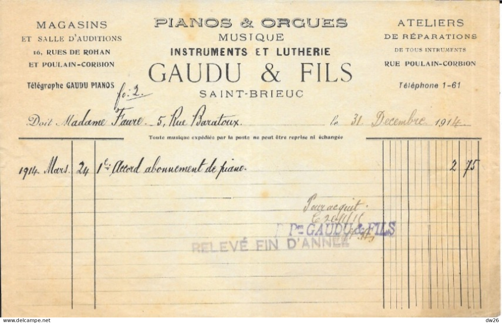 Facture 14x21 - Musique: Pianos Et Orgues Gaudu & Fils (Leçons De Piano) Saint-Brieuc (Côtes-du-Nord) 1914 - 1900 – 1949