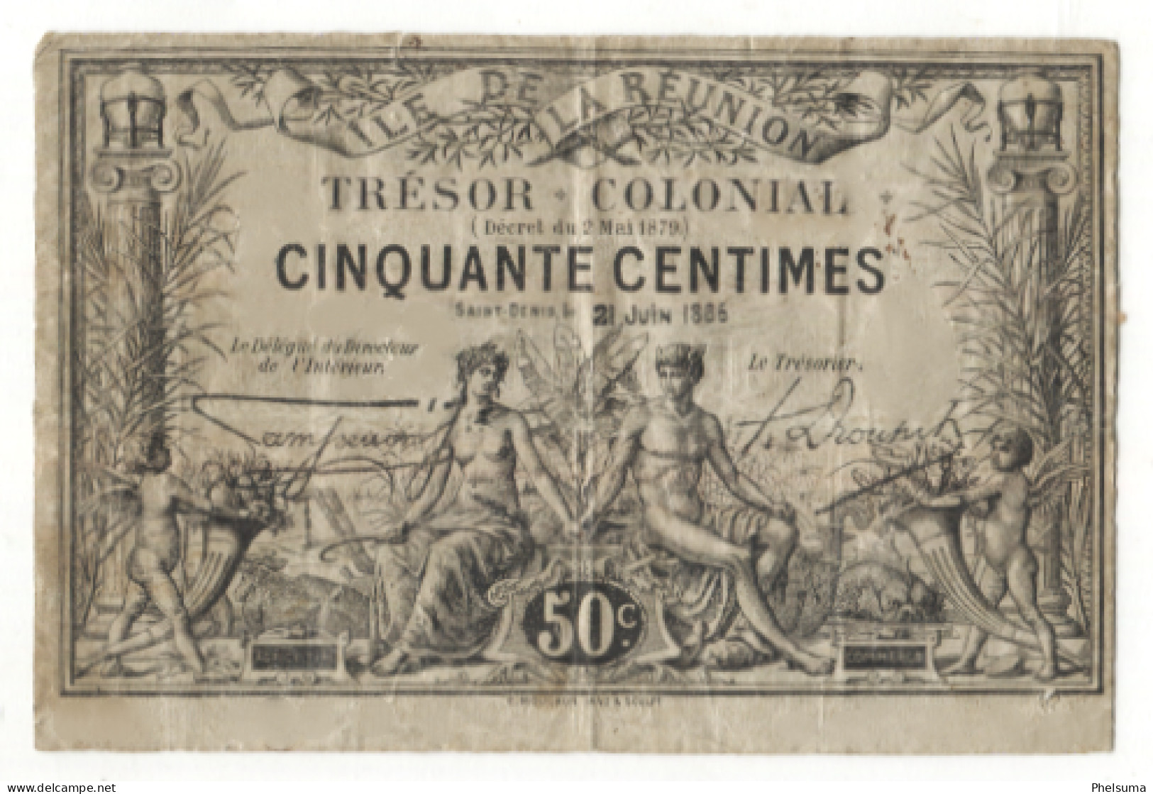 TRES RARE - Billet De CINQUANTE CENTIMES - TRESOR COLONIAL De La REUNION (Campenon & Drouhet) - Reunión