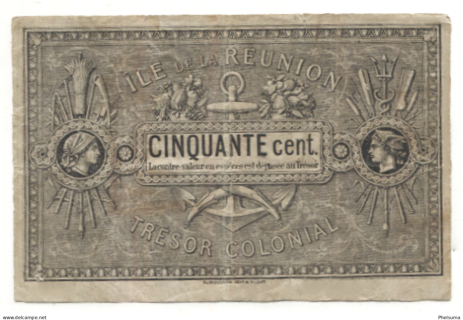 TRES RARE - Billet De CINQUANTE CENTIMES - TRESOR COLONIAL De La REUNION (Campenon & Drouet) - Reunion