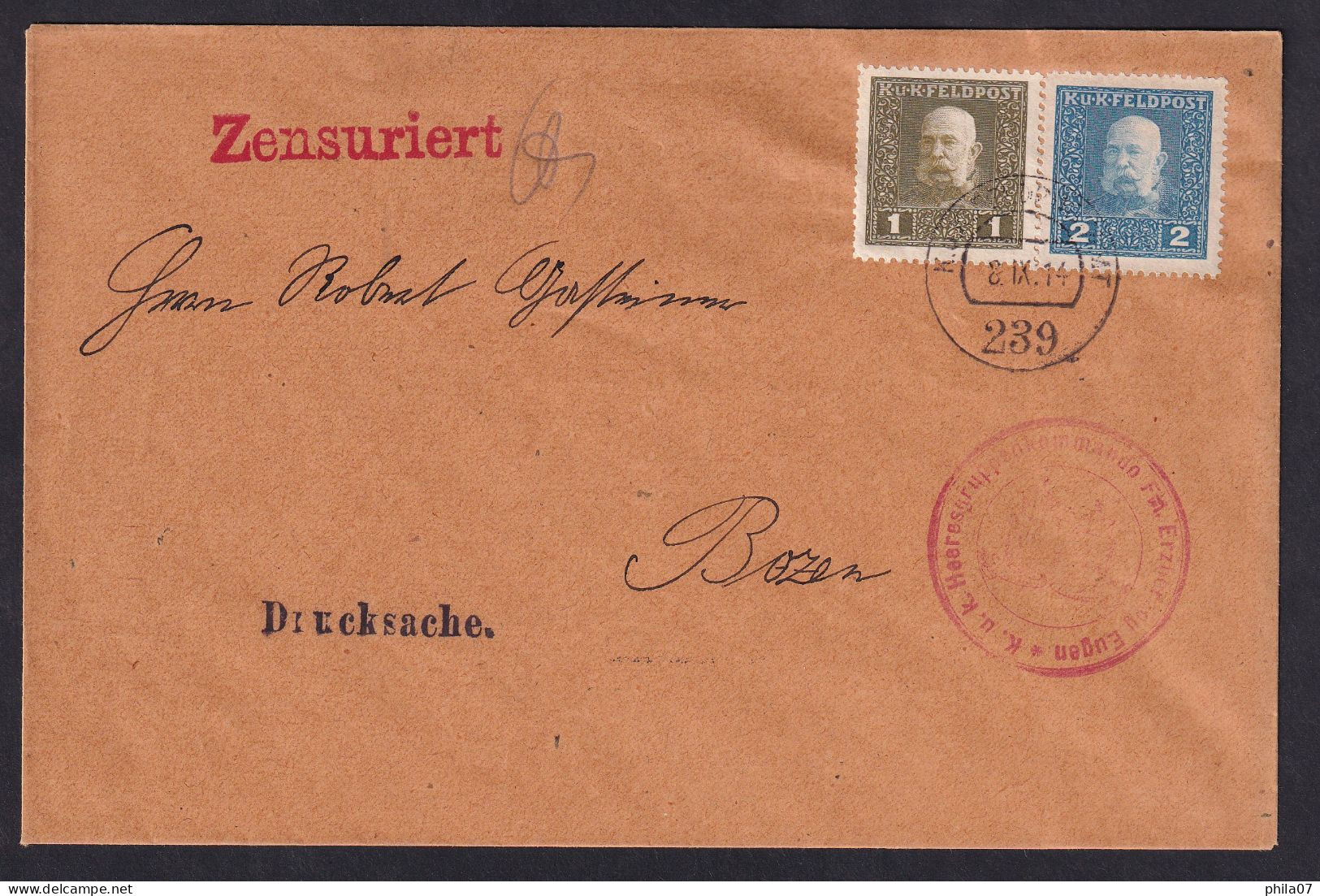 AUSTRIA - Military Mail No. 239. Printed Matter Sent To Bozen (Bolzano) 08.11. 1914. Censored / 2 Scans - Otros & Sin Clasificación