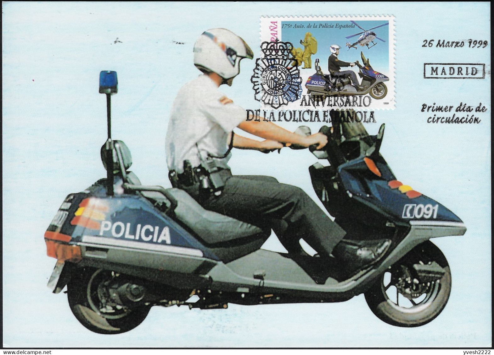 Espagne 1999 Y&T 3192 Sur Carte Maximum.  175 Ans De La Police Espagnole. Flic à Moto - Politie En Rijkswacht