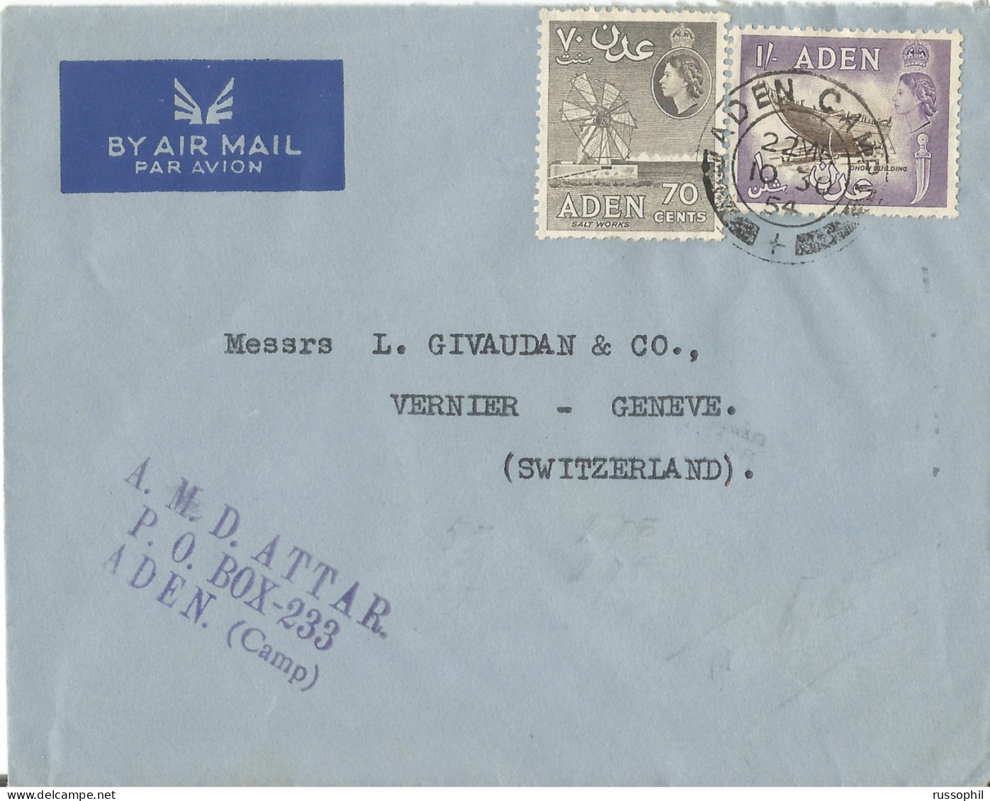 ADEN - 1 SHILLING 70 CENTS FRANKING ON AIR MAILED COVER SENT FROM ADEN CAMP TO SWITZERLAND - 1954  - Aden (1854-1963)