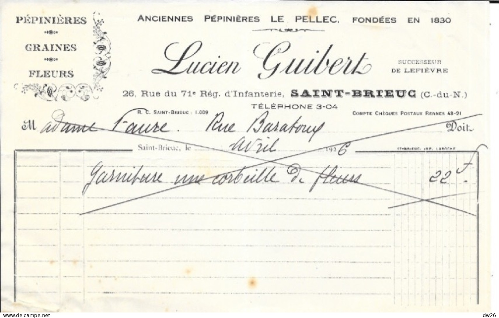 Facture 14x21 - Pépinières, Fleurs Lucien Guibert - Saint-Brieuc (Côtes-du-Nord) 1926 - Agricultura