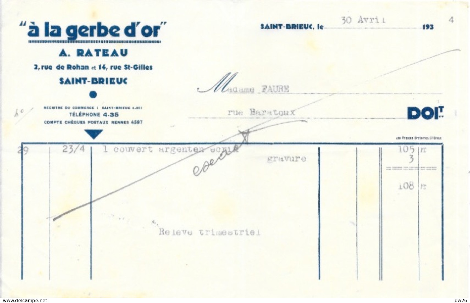 Facture 14x21 - Bijouterie A La Gerbe D'Or - Saint-Brieuc (Côtes-du-Nord) 1934 - 1900 – 1949