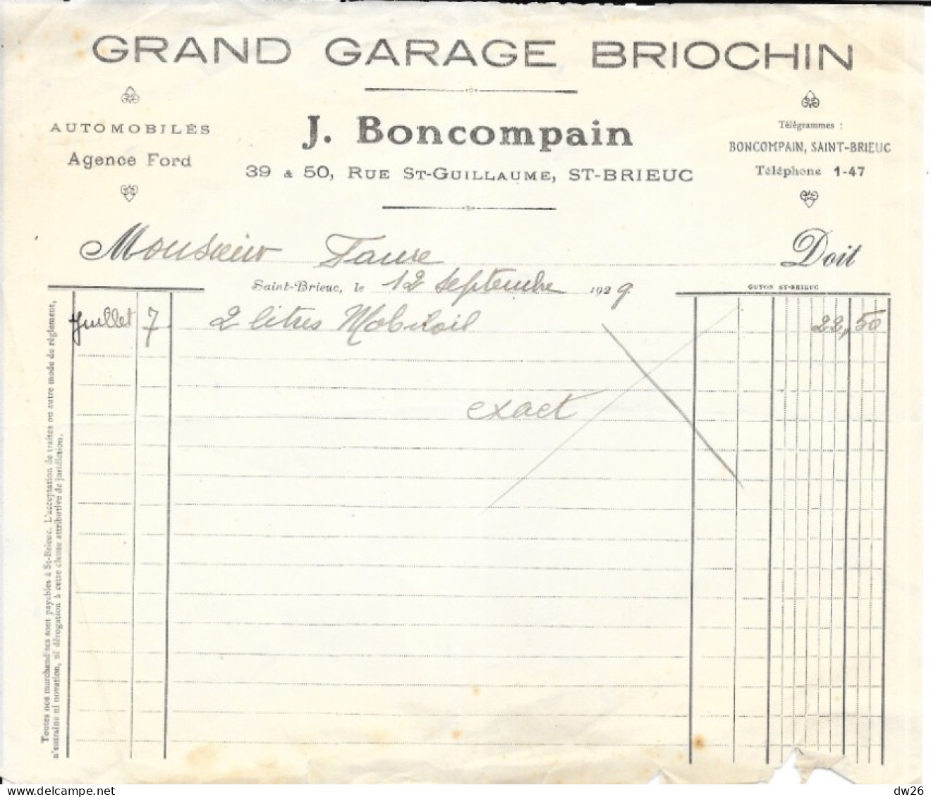 Facture 14x21 - Grand Garage Automobile Briochin: J. Boncompain - Saint-Brieuc (Côtes-du-Nord) 1929 - Transport