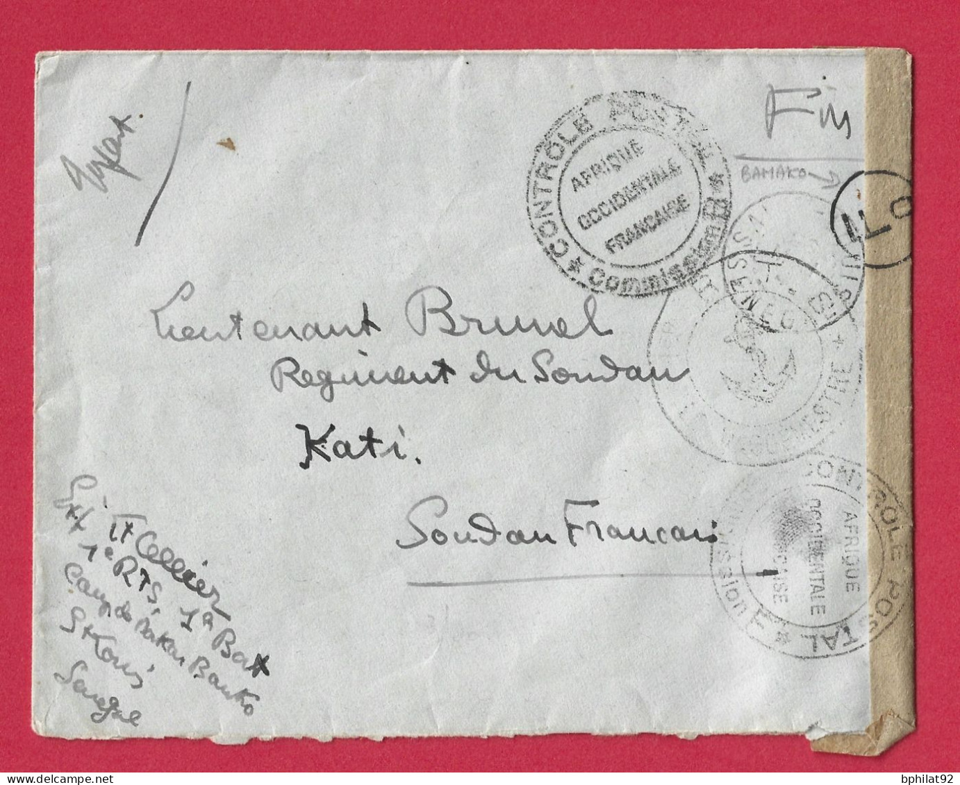 !!! SOUDAN, LETTRE FM DE SAINT-LOUIS, SÉNÉGAL POUR LE RÉGIMENT DU SOUDAN À KATI DE 1941, AVEC CENSURE DE BAMAKO - Storia Postale