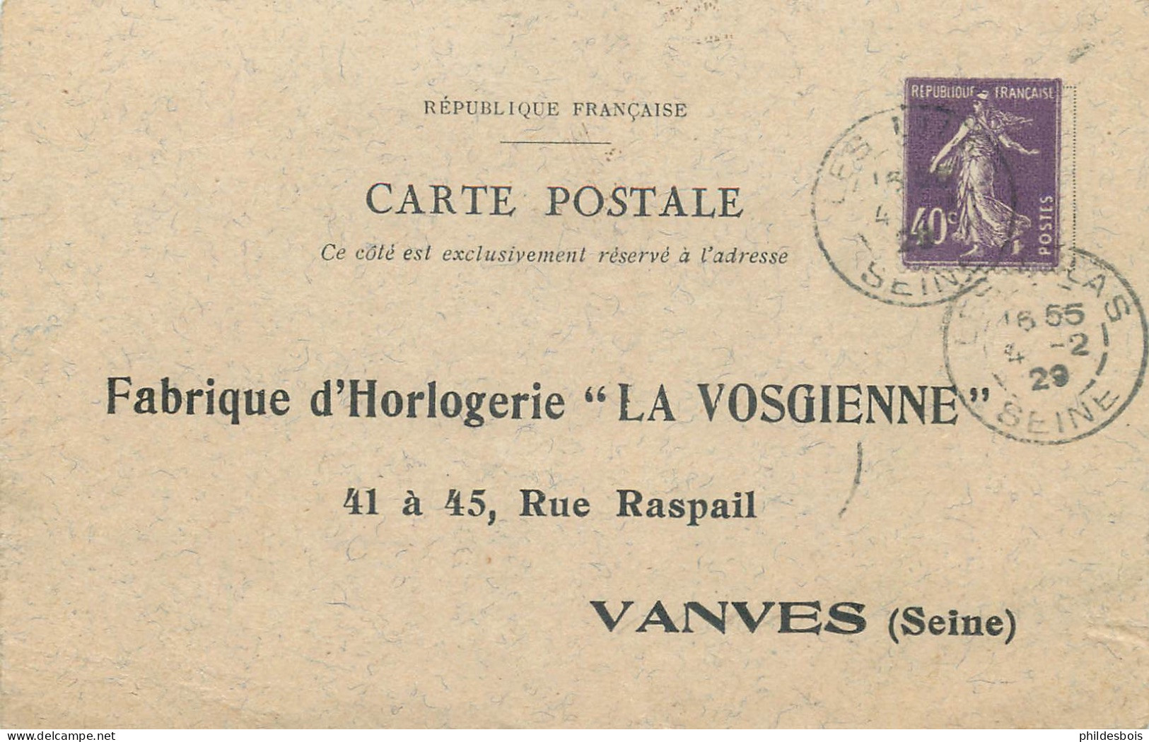 HAUTS DE SEINE  VANVES  ( Carte Publicitaire )  LA VOSGIENNE  " Fabrique Horlogerie " Avenue Raspail - Vanves