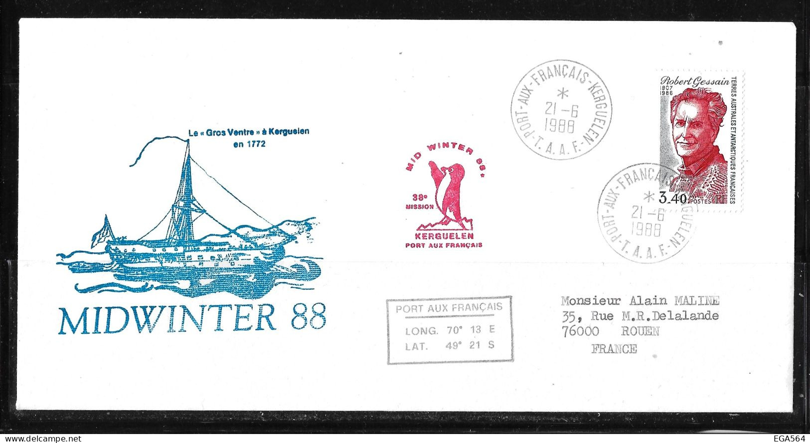 37 - Y&T PO134 Robert GESSAIN Sur Pli Du 21.6.1988 PORT AUX FRANCAIS KERGUELEN - 2 Cachets Illustrés MIDWINTER 88. - Midwinter