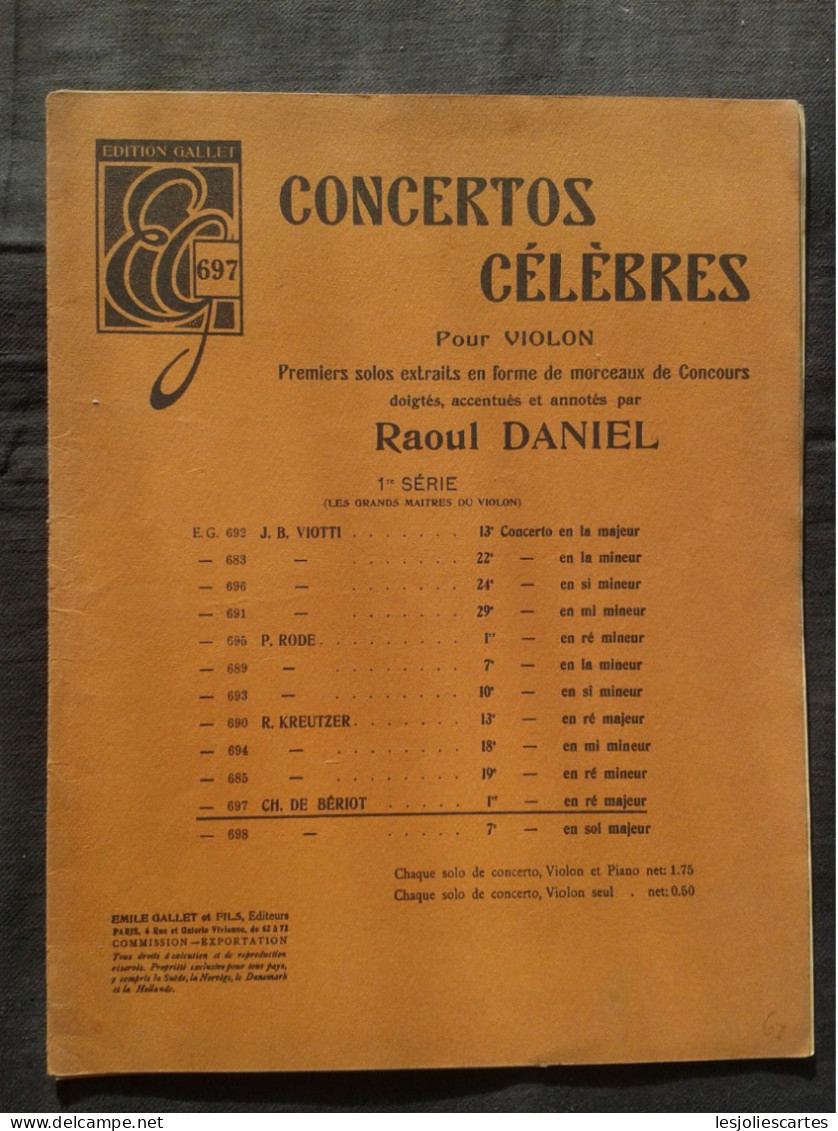 CHARLES DE BERIOT 1ER CONCERTO EN RE MAJEUR POUR VIOLON ET PIANO PARTITION RAOUL DANIEL - Instruments à Cordes