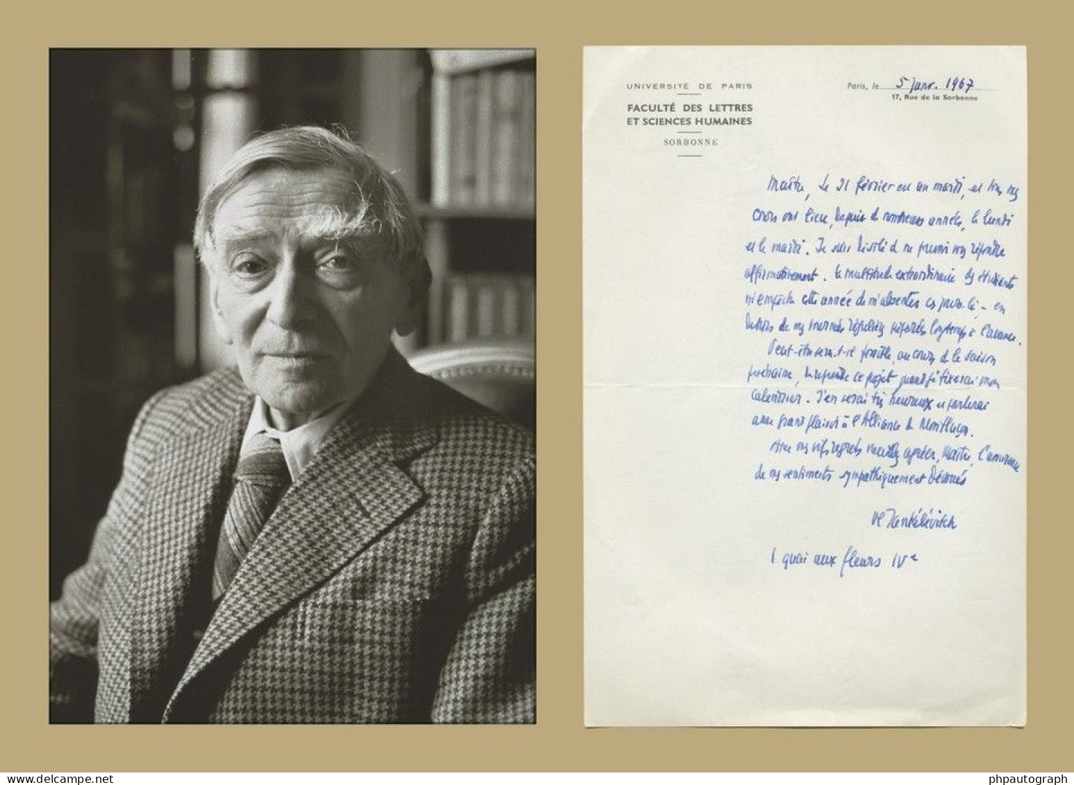 Vladimir Jankélévitch (1903-1985) - Philosophe - Lettre Autographe Signée + Photo - 1967 - Schrijvers