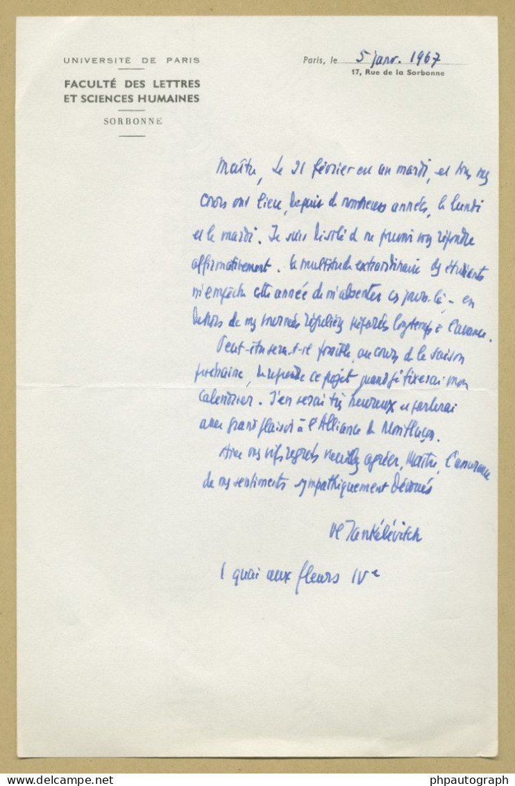 Vladimir Jankélévitch (1903-1985) - Philosophe - Lettre Autographe Signée + Photo - 1967 - Schrijvers