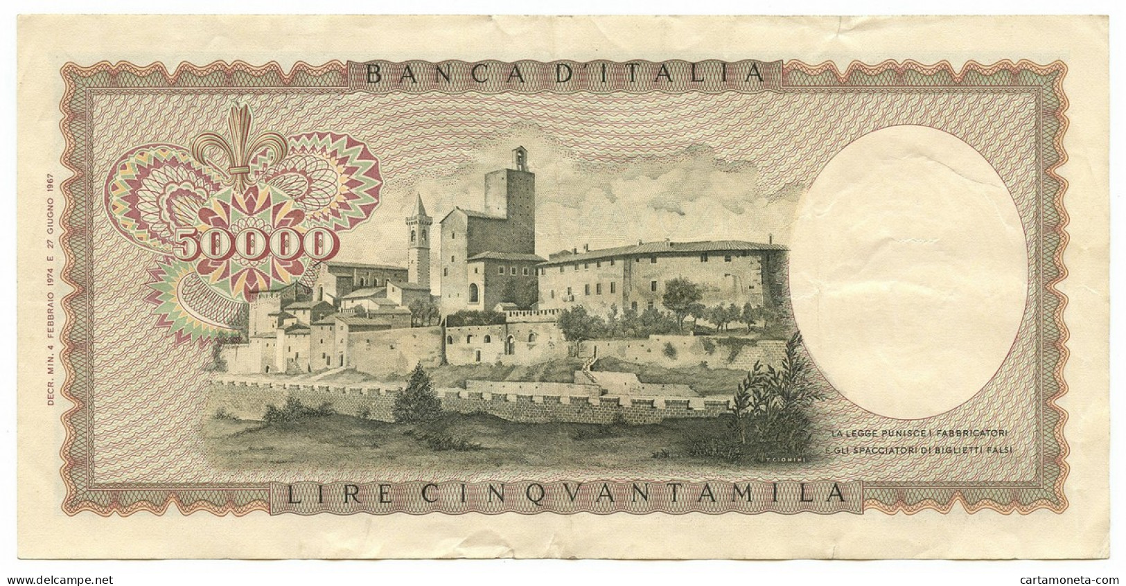 50000 LIRE BANCA D'ITALIA LEONARDO DA VINCI MEDUSA 04/02/1974 BB+ - Autres & Non Classés
