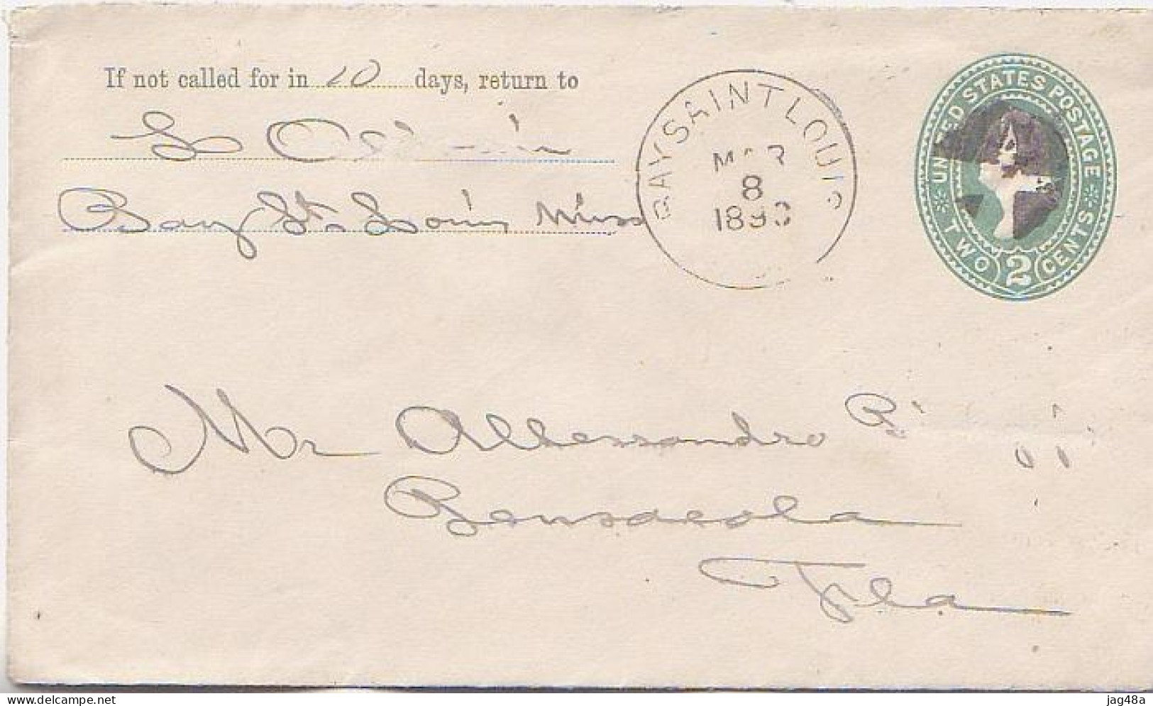 UNITED STATES. 1893/BaySaintLouis, Two-cents PS Envelope/duplex-cancel. - ...-1900