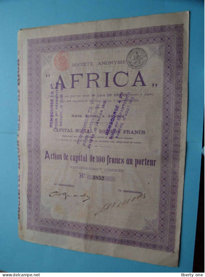 S.a. " AFRICA " > Action De Capital De 100 Francs Au Porteur > N° 3852 ( Zie/voir SCAN ) 1912 ! - Afrique