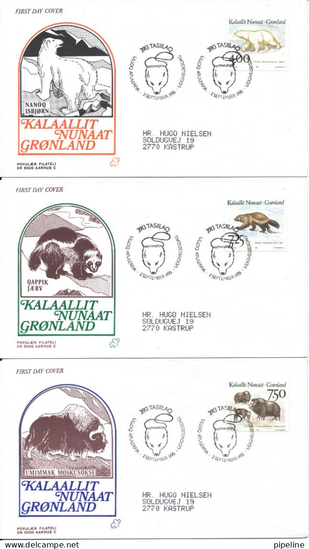 Greenland FDC 7-9-1995 Complete Set Of 3 Animals In Greenland On 3 Covers With Cachet And Sent To Denmark - FDC