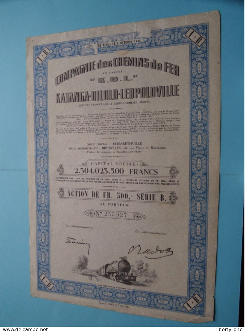 Chemin De Fer " K.D.L. " > Action De Fr. 500 - Série B > N° 255,927 ( Zie/voir SCAN ) Après 1944 ! - Afrika