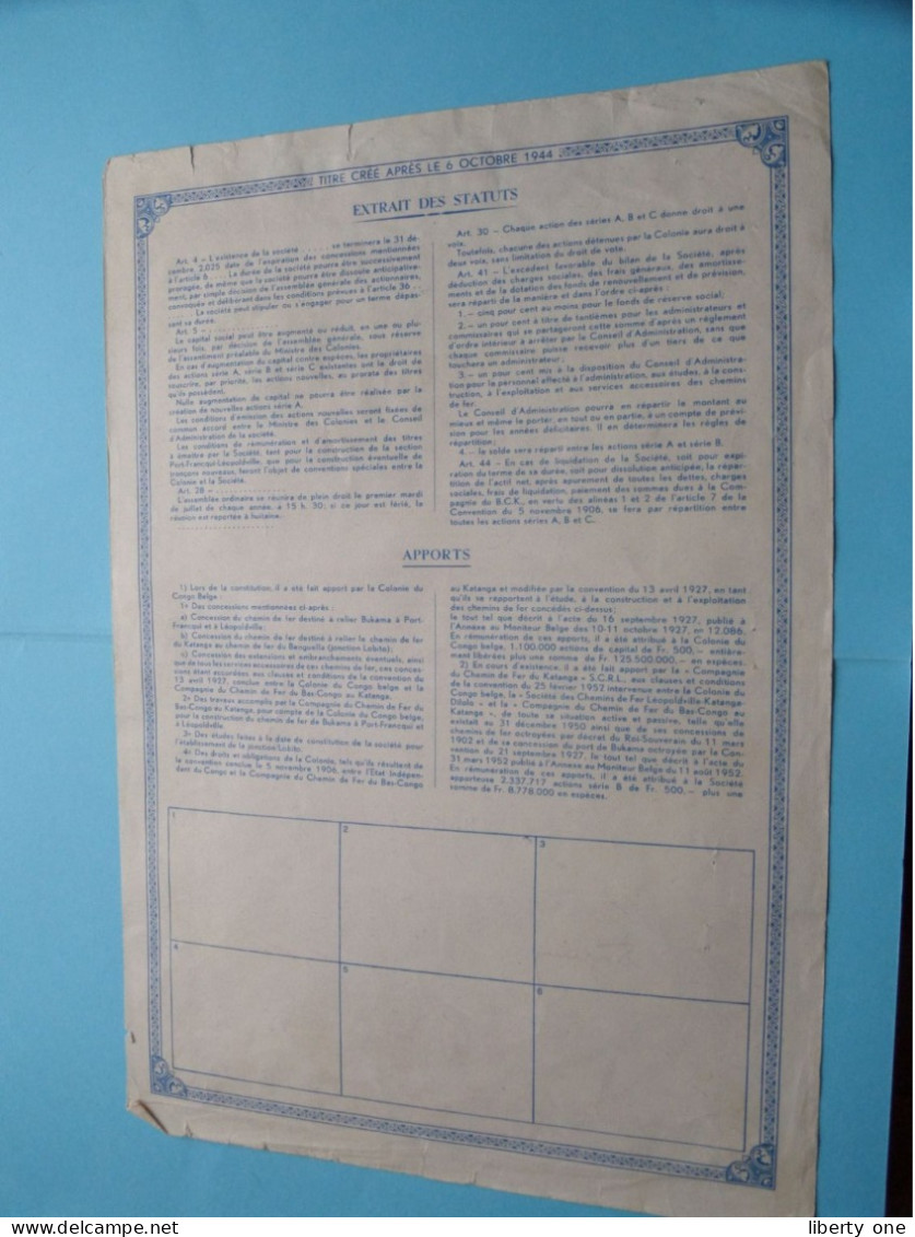 Chemin De Fer " K.D.L. " > Action De Fr. 500 - Série B > N° 255,927 ( Zie/voir SCAN ) Après 1944 ! - Afrique