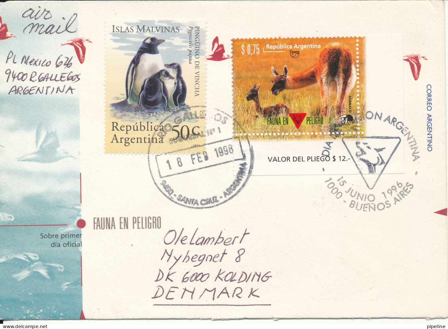 Argentina FDC 15-6--1996 Uprated And Sent To Denmark 18-2-1998 Nice Cover - FDC