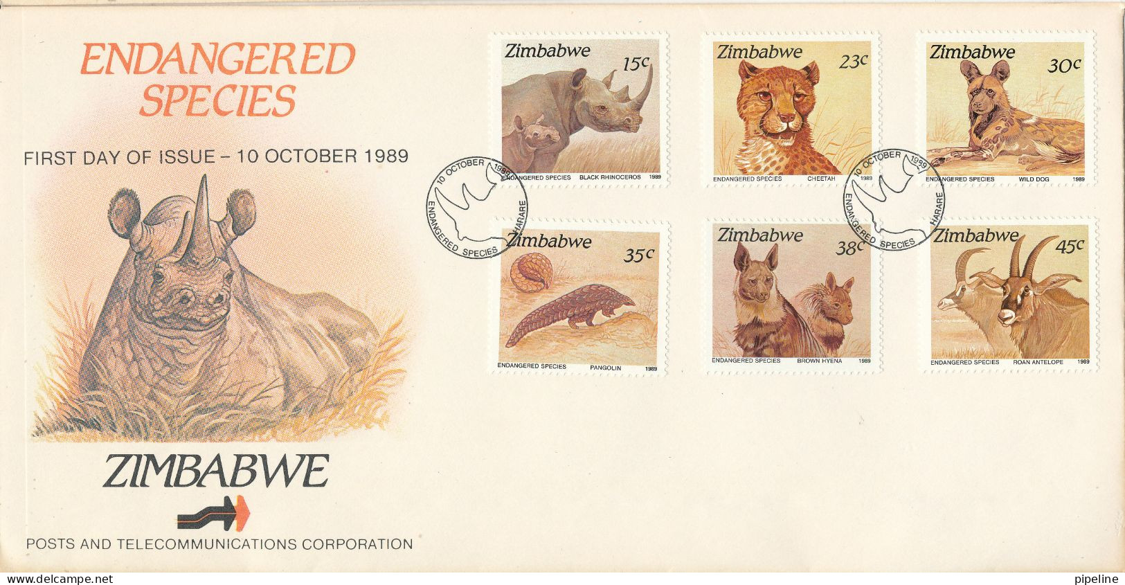 Zimbabwe FDC 10-10-1989 Endangered Species Complete Set Of 6 With Cachet - Zimbabwe (1980-...)