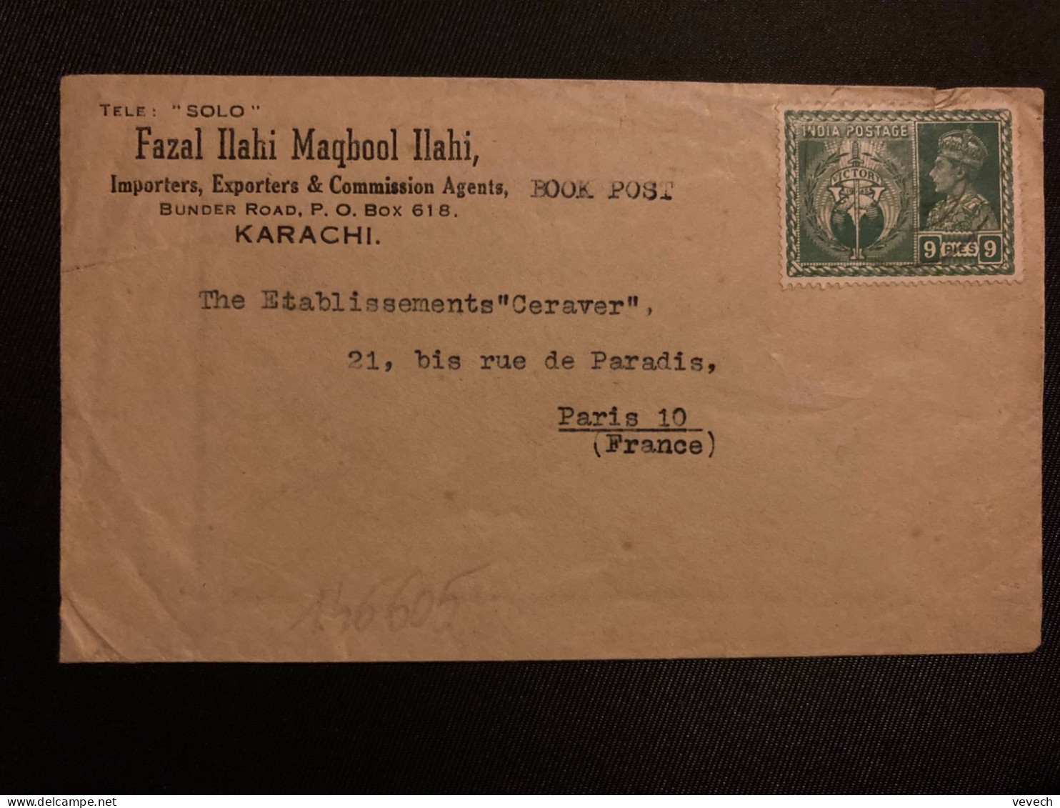 LETTRE FAZAL ILAHI MAQBOOL ILAHI à KARACHI Pour La FRANCE TP 9R OBL. - 1936-47 Roi Georges VI