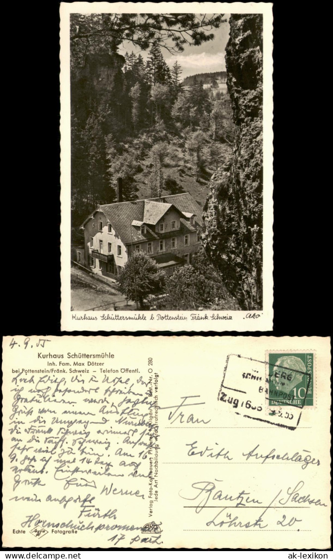 Pottenstein Kurhaus Schüttersmühle Frank. Schweiz 1955  (Bahnpoststempel) - Pottenstein