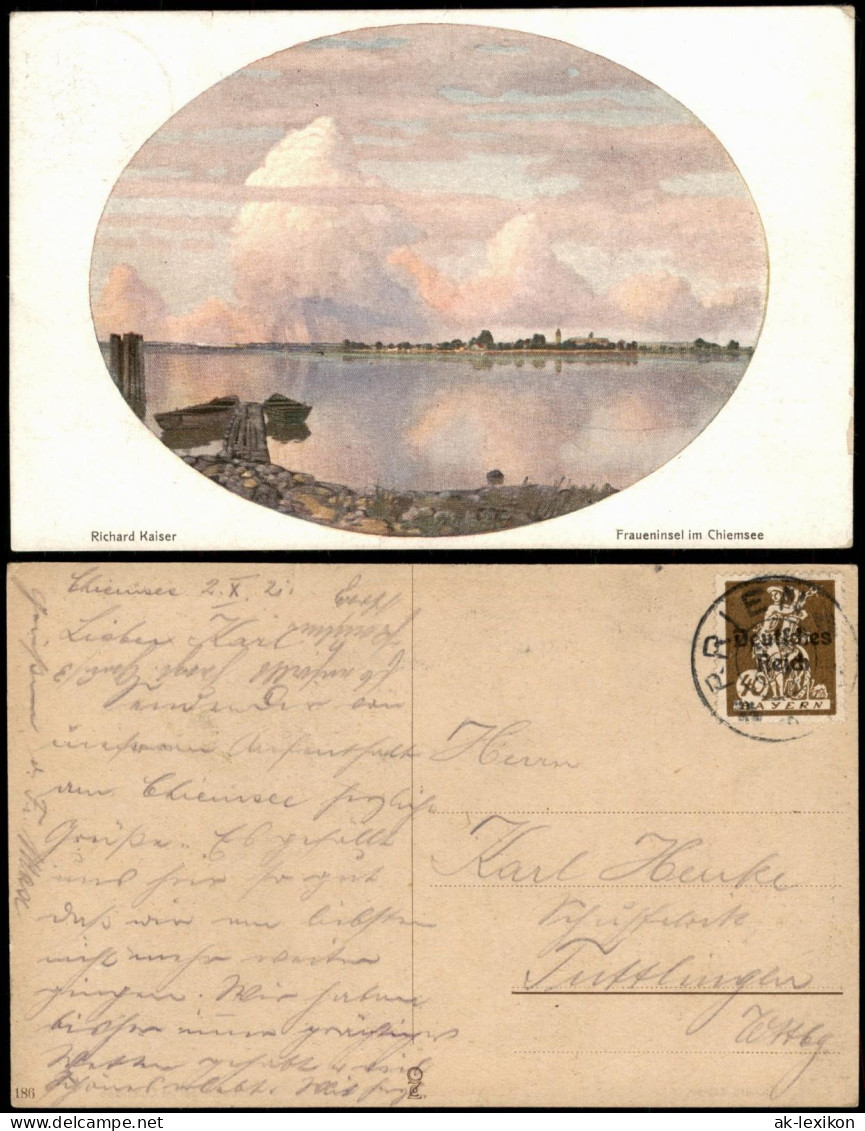 Chiemsee Fraueninsel - Chiemsee Richard Kaiser - Künstlerkarte 1921 Passepartout - Chiemgauer Alpen