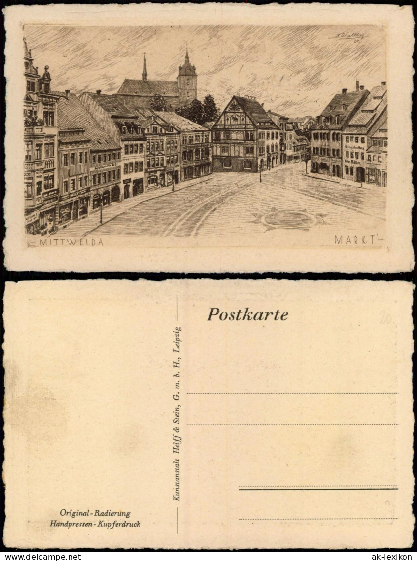 Ansichtskarte Mittweida Marktplatz Handpressen Kupferdruck Radierung 1928 - Mittweida